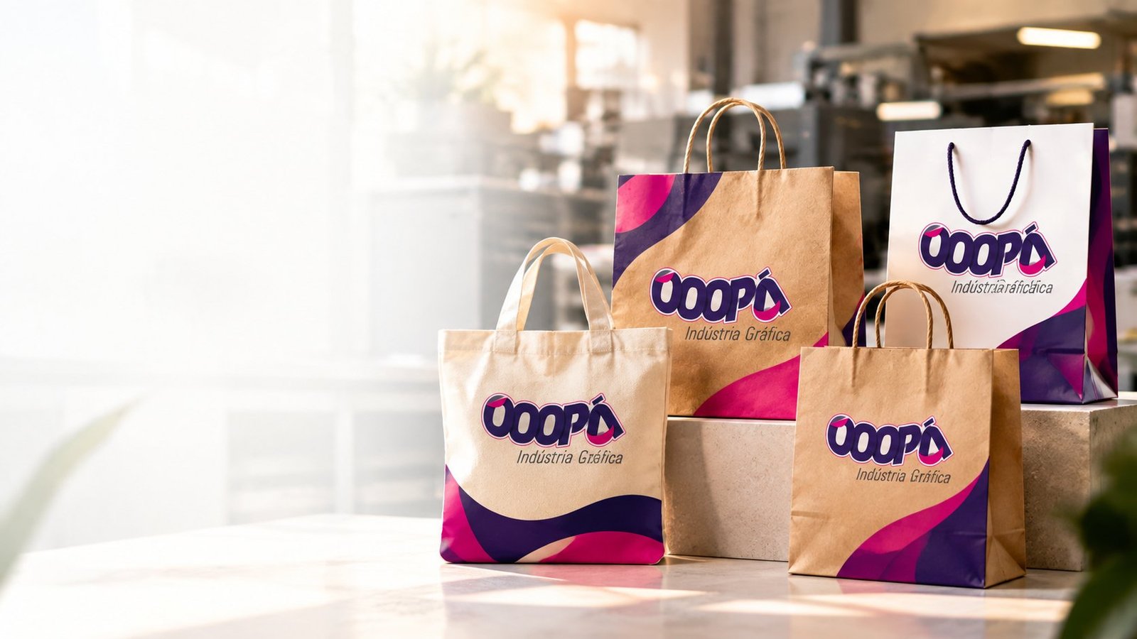 Sacolas kraft, offset e ecobag personalizadas com a marca OOOPA