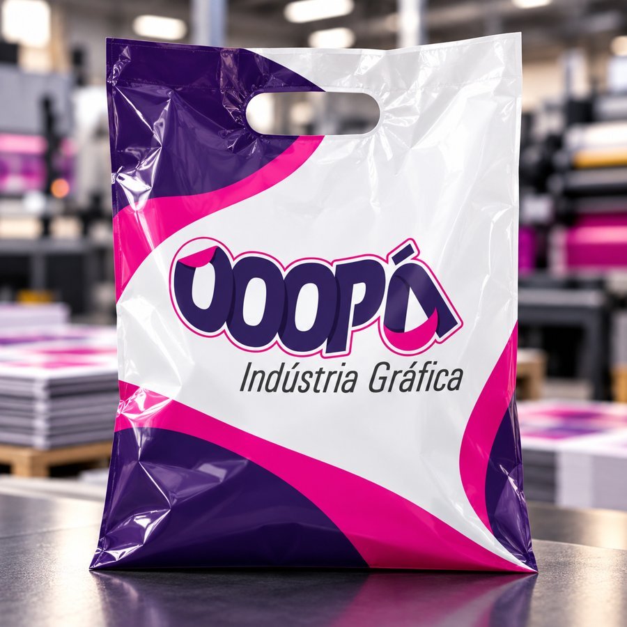 Sacola plástica personalizada OOOPA com alça vazada